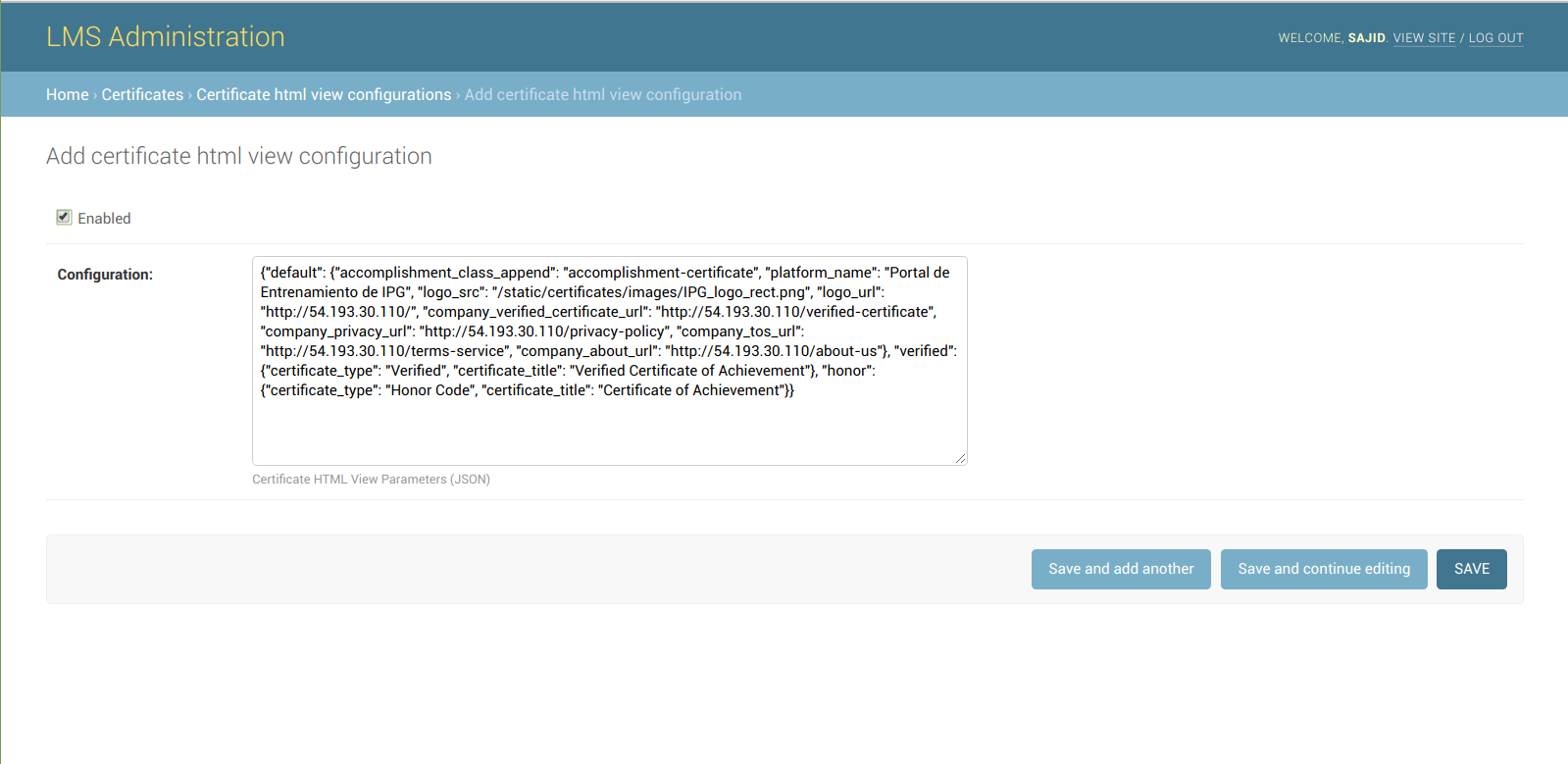 Certificate html view configurations
