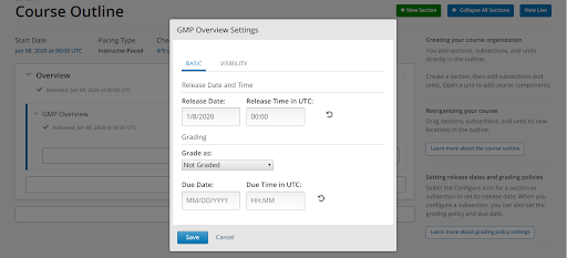 Course subsection settings